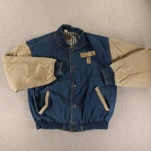 VTG Turning Point Jacket Mens L Blue Cotton Varsity Jacket Bomber Denim Fox Reno